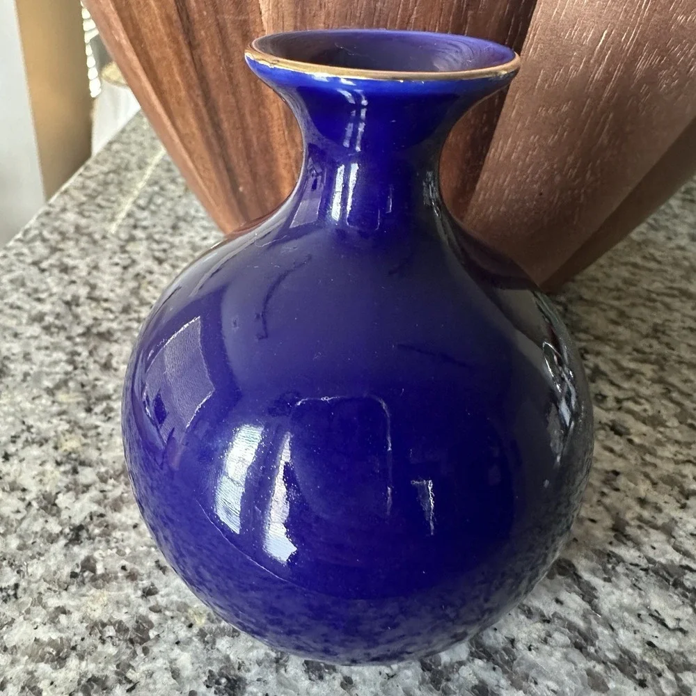VTG Kutani Vase 4.5 Inch Cobalt Blue Porcelain‎ Japan Gold Bird Blooming Flowers